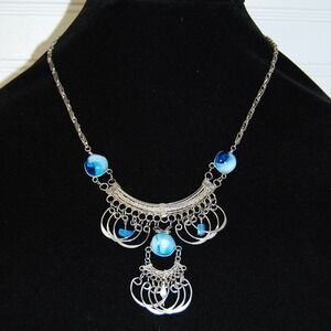 Vintage Necklace‎ blue marbled glass Peruvian beads Boho Hippie Silver Tone